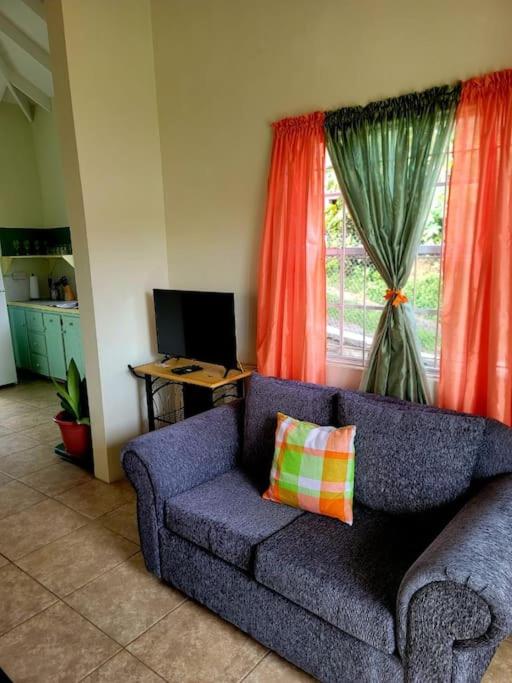 un soggiorno con un divano viola e una finestra di Juju's Cottage with magnificent views a Laborie