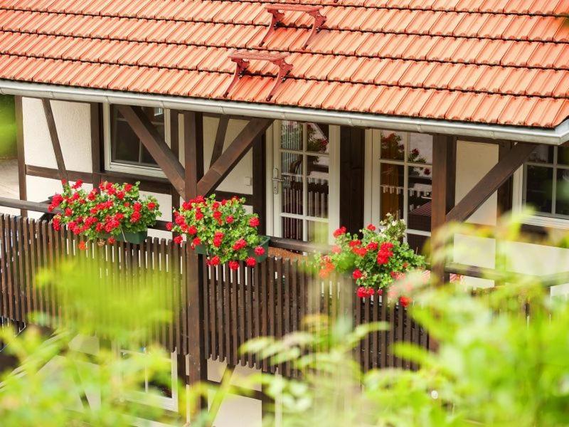 ein Haus mit roten Blumen auf einem Zaun in der Unterkunft Hofgut Uhenfels in Seeburg