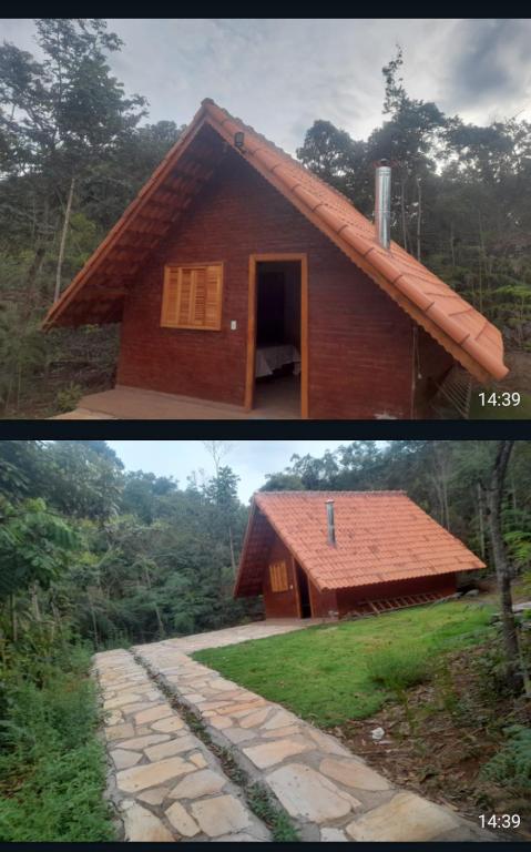 two pictures of a small house in the middle at Chalé 3- Recanto Shambala in São Thomé das Letras