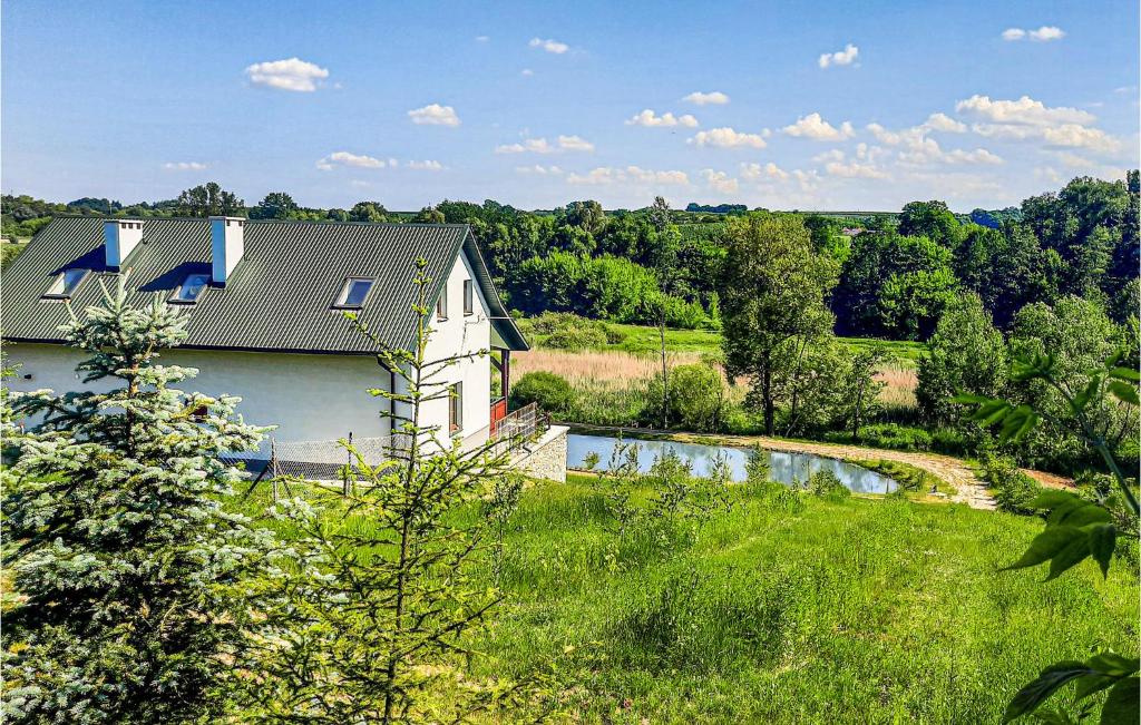 - une vue aérienne sur une maison et une rivière dans l'établissement Cozy Home In Wilczyce With House A Panoramic View, 