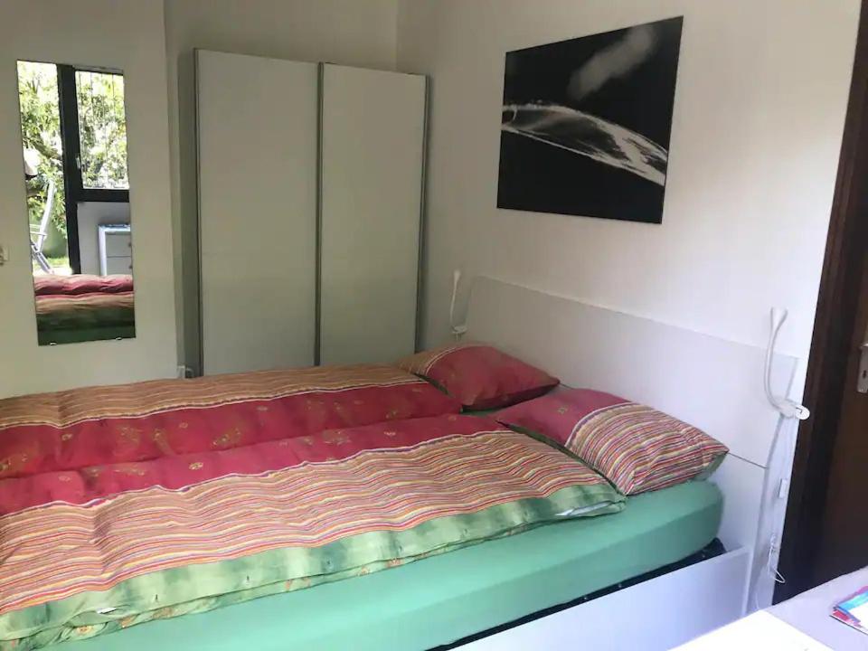 una camera da letto con un letto e un grande specchio di Locarno: camera indipendente in zona residenziale a Locarno