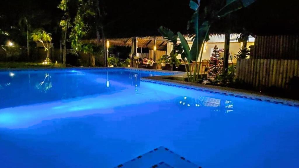 a large blue swimming pool at night at Cabagnow Seaside Resort in Anda