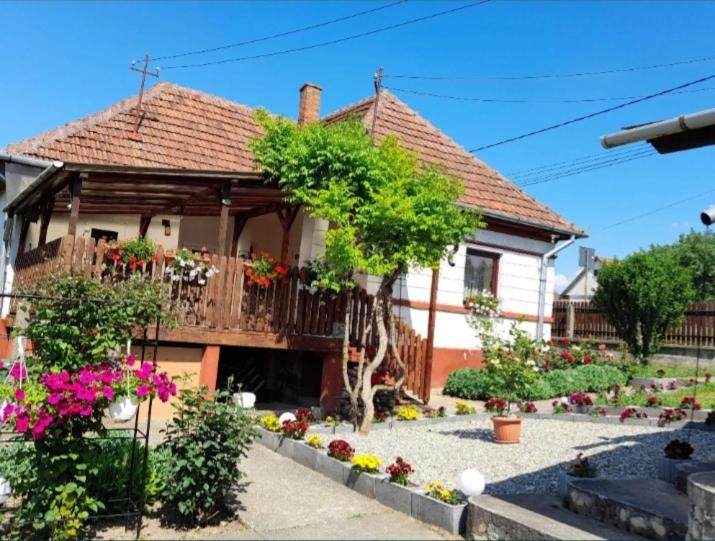 a house with a balcony and flowers in front of it at Casa Teonia in Tăşnad