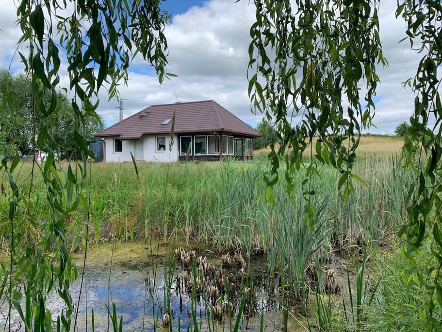 a house in the middle of a field with a pond at Uroczy dom na Mazurach Jezioro Dybowskie in Dybowo