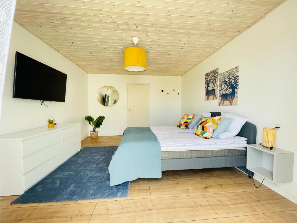 aday - Frederikshavn City Center - Charming double room في فريكشهاون: غرفة نوم بسرير وتلفزيون بشاشة مسطحة