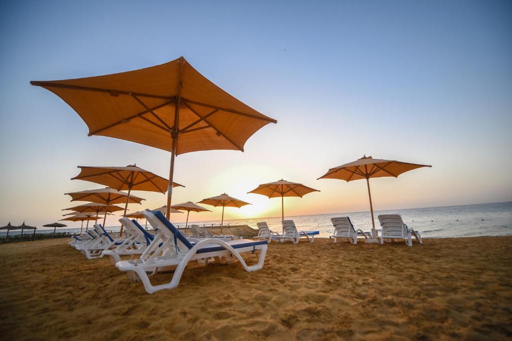 eine Gruppe von Stühlen und Sonnenschirmen am Strand in der Unterkunft Blumar El Dome Hotel in Ain Suchna