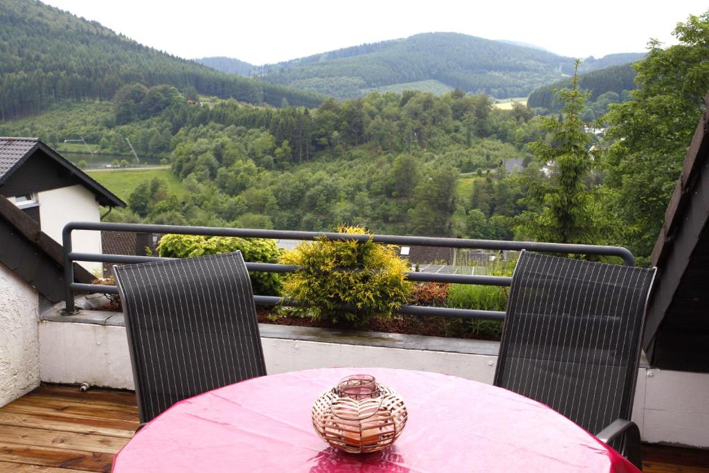 a vase sitting on a table on a balcony at Ferienwohnung Inge Steinrücken in Winterberg