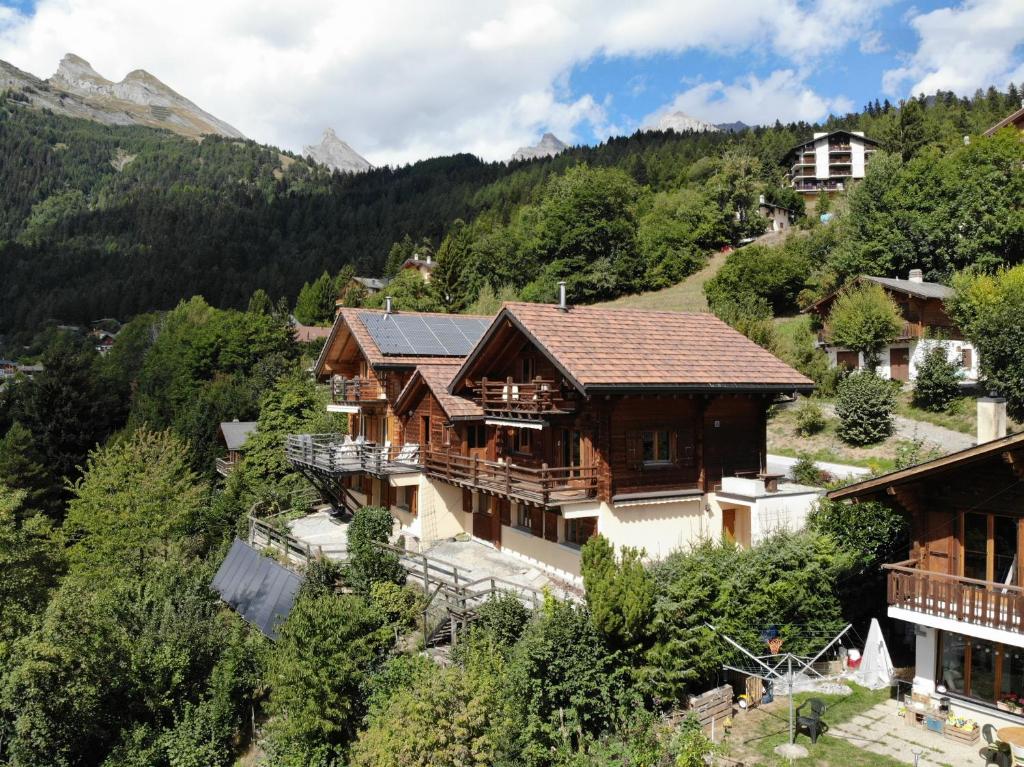 an aerial view of a house in the mountains at Chalet Arwi in Ovronnaz