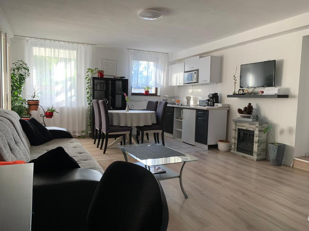 uma sala de estar com um sofá, uma mesa e uma cozinha em Piknik Apartmant em Fertőrákos