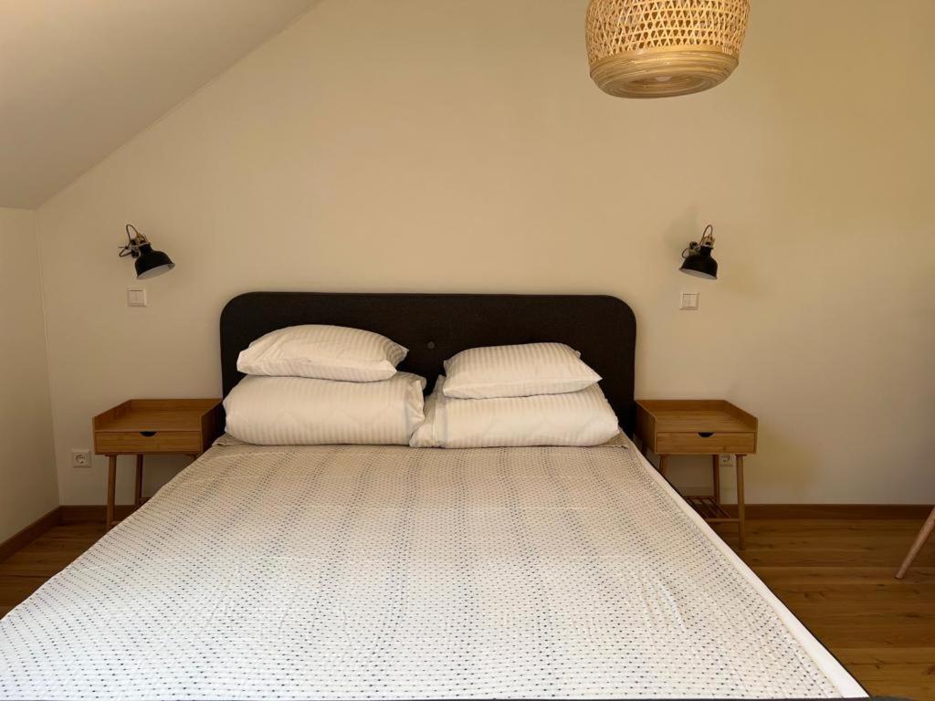 a bed with two pillows on it in a bedroom at Rugio namai-Rye house in Palanga