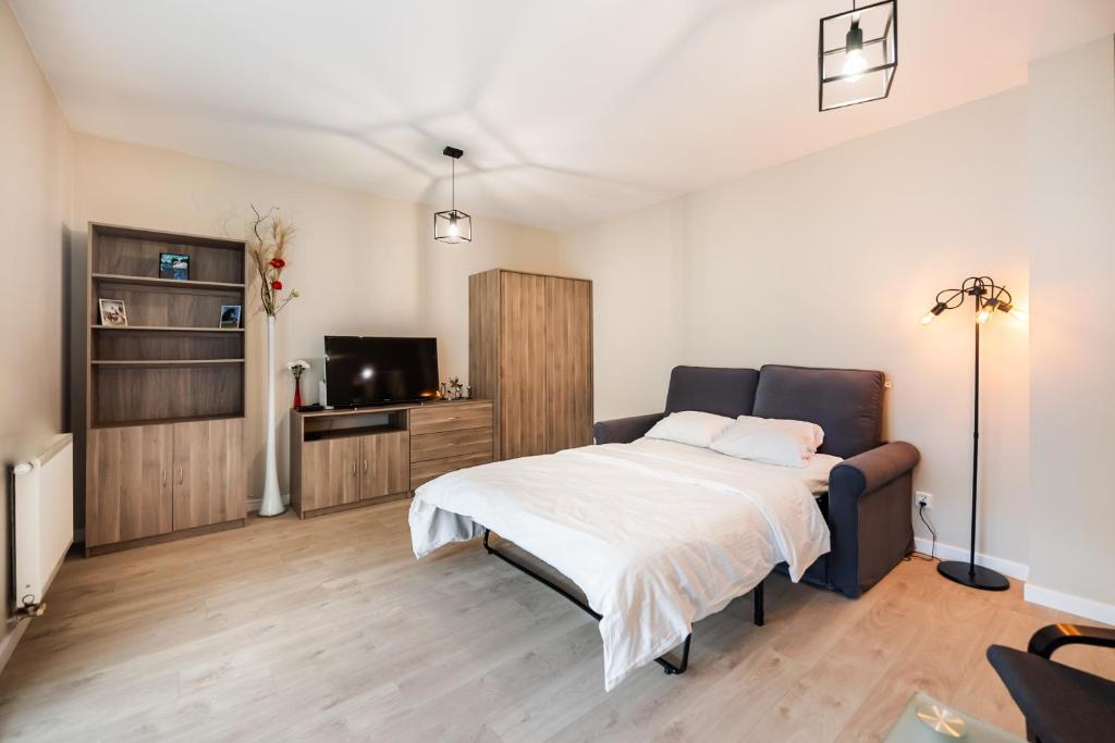 a bedroom with a bed and a tv in it at Ursus Pleasant Apartment in Warsaw