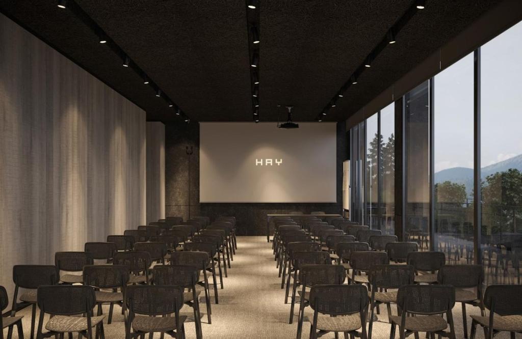 a lecture hall with chairs and a projection screen at HAY boutique hotel & SPA by Edem Family in Bukovel