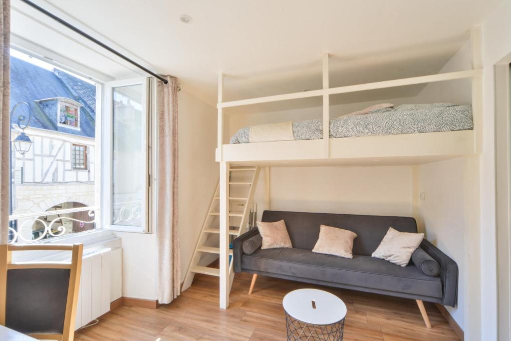 Cette petite chambre comprend un canapé et des lits superposés. dans l'établissement Fly Away, à Bourges