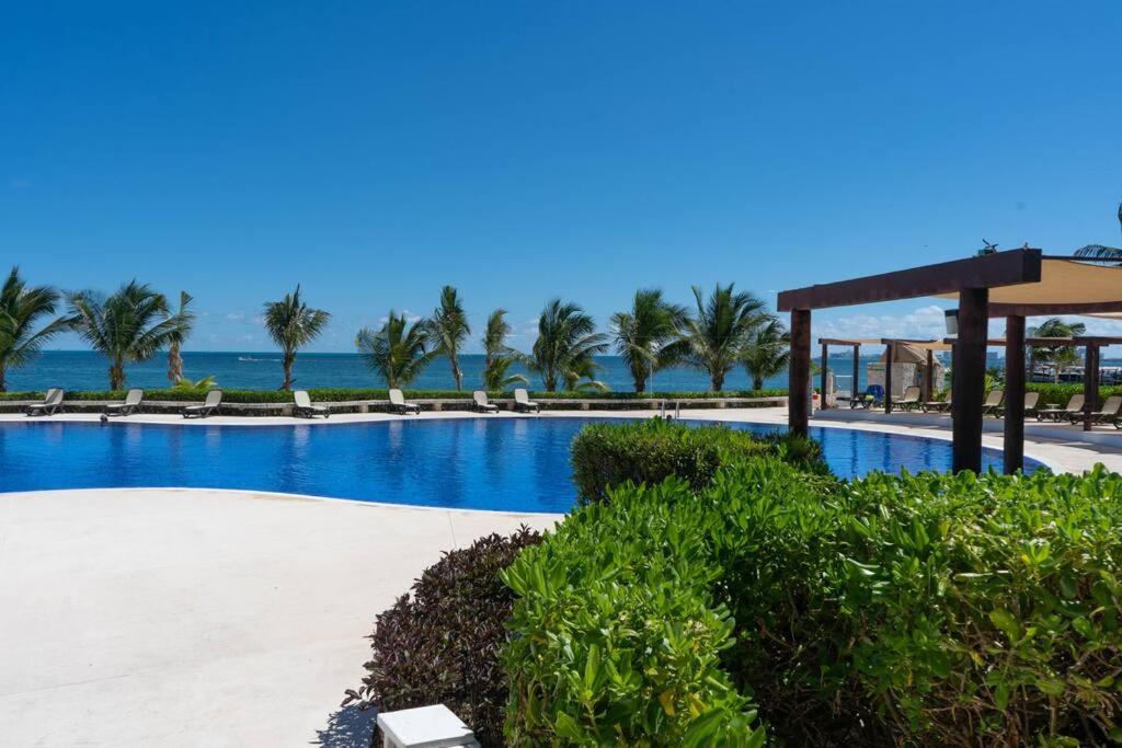 einen großen Pool mit Palmen und dem Meer in der Unterkunft Amara By Andiani in Cancún