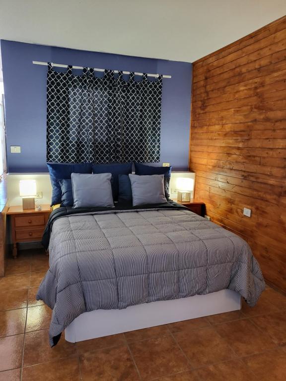 ポリス・デ・アボナにあるLa Chalanaの青い壁のベッドルーム1室(大型ベッド1台付)
