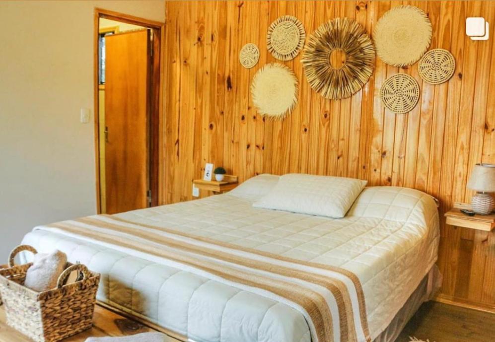 ein Schlafzimmer mit einem Bett in einer Holzwand in der Unterkunft Cabañas Alba in Nueva Italia