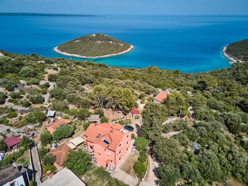 una vista aérea de una casa en una colina junto al océano en Apartments with a parking space Cunski, Losinj - 7867, en Čunski