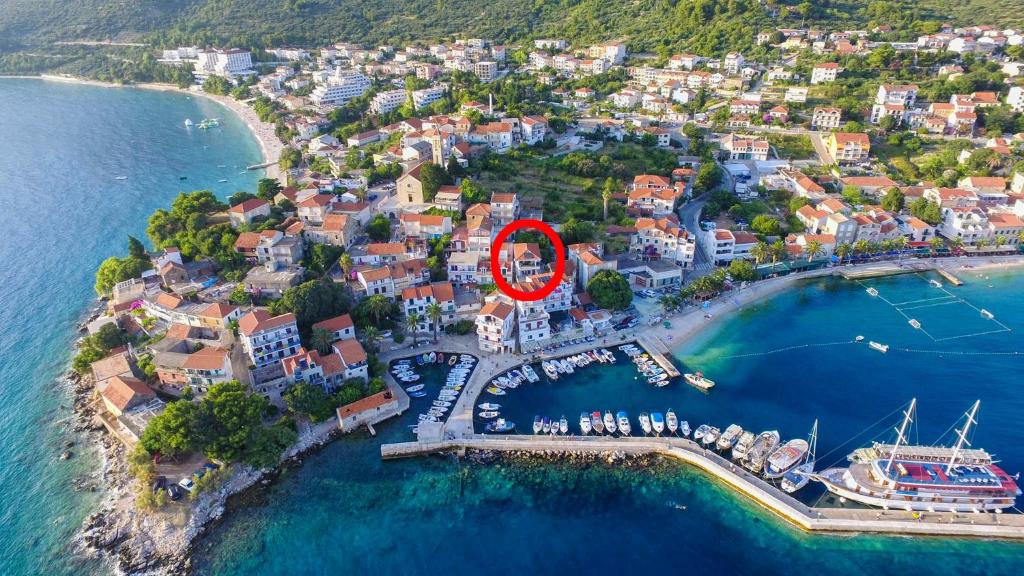 an aerial view of a town with a red circle on it at Apartments by the sea Gradac, Makarska - 16039 in Gradac