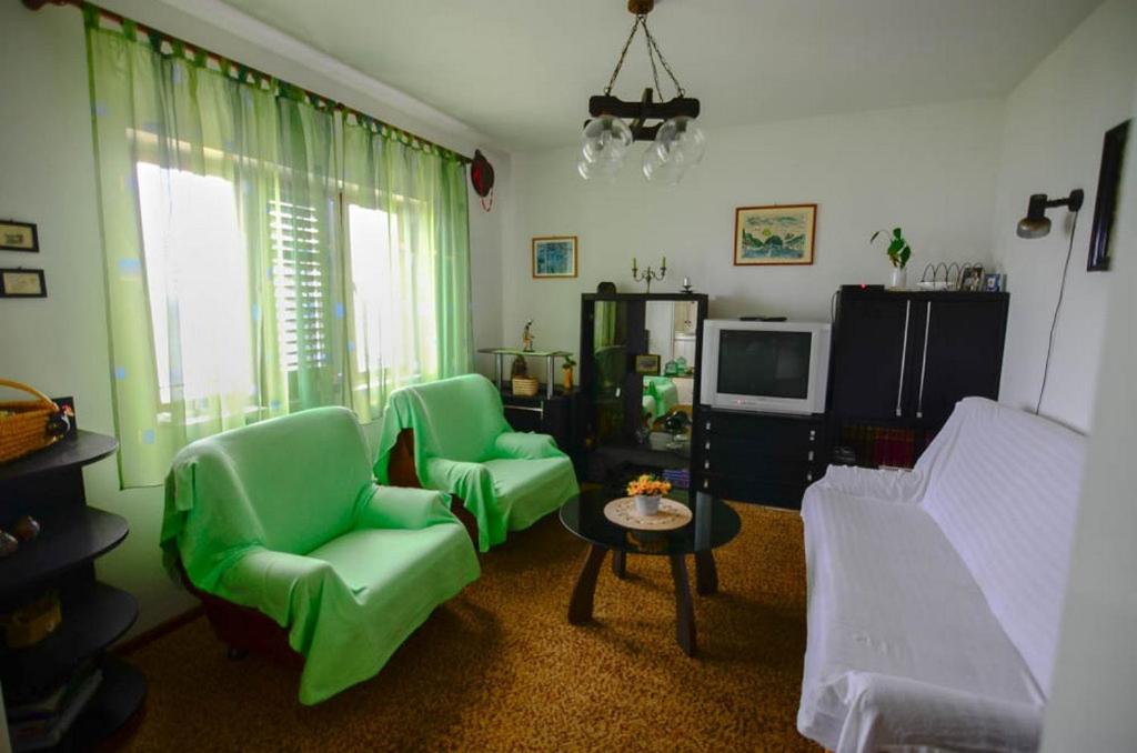 salon z 2 zielonymi krzesłami i telewizorem w obiekcie Apartments by the sea Prigradica, Korcula - 15792 w mieście Blato