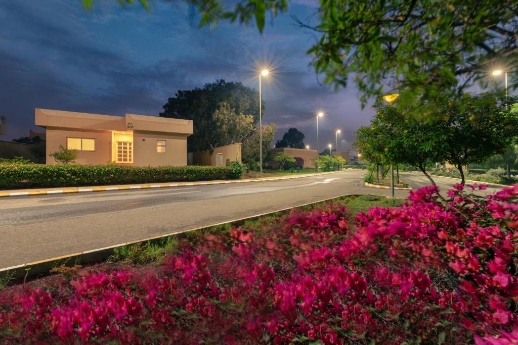 a road with pink flowers on the side at Airport Hotel and Resort in Abha