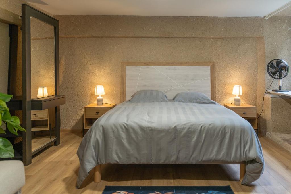 a bedroom with a large bed with two night stands at Le Place Du Bourg Appartement T2 Centre Historique Rodez in Rodez
