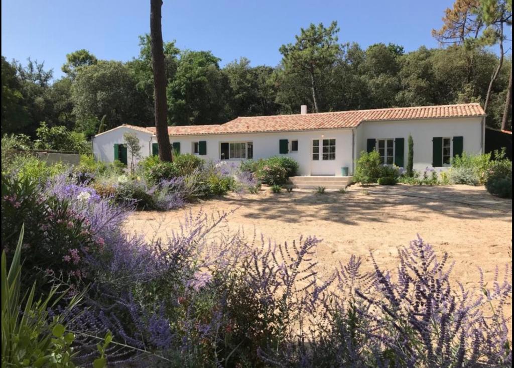 una casa en medio de un campo con flores púrpuras en Belle villa rétaise 4 étoiles avec piscine chauffée, en La Couarde-sur-Mer