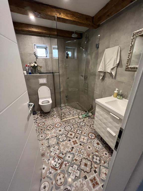 La salle de bains est pourvue d'une douche, de toilettes et d'un lavabo. dans l'établissement Seaside Zitta apartman, à Split