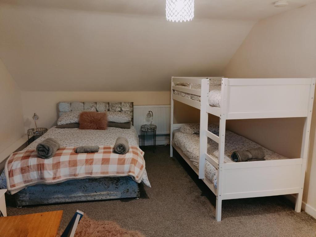 a bedroom with two bunk beds and a ladder at Pentre Cottage near Craig y Nos in Pen-y-cae