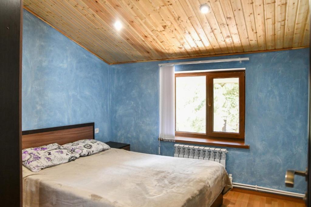 a blue bedroom with a bed and a window at AAA Jermuk rest house in Jermuk