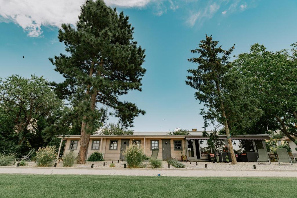 a house with two trees in front of it at Zam-zam apartman in Zamárdi