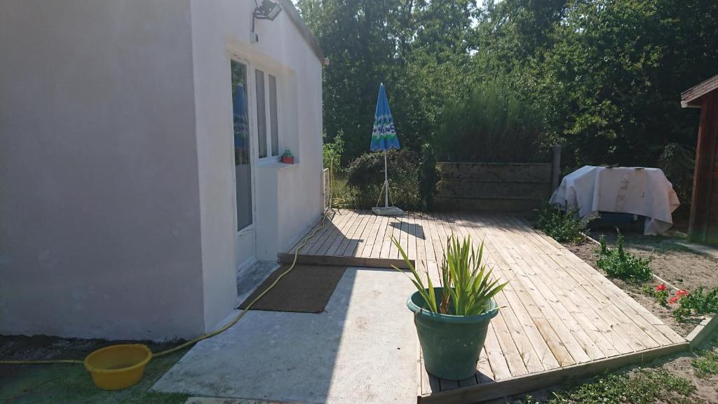 une terrasse avec une plante en pot et un parasol dans l'établissement studio, à Audenge