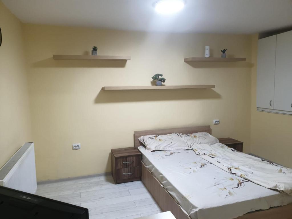 ein Schlafzimmer mit einem Bett und Regalen an der Wand in der Unterkunft Garsoniera 1 in Bukarest