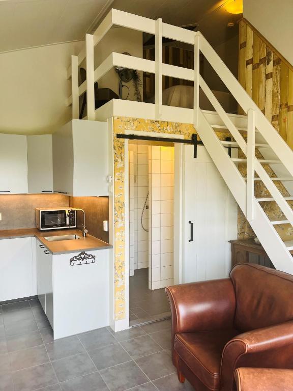 a kitchen with a living room with a loft bed at Doornvlak - dicht bij strand en duinen! in Castricum