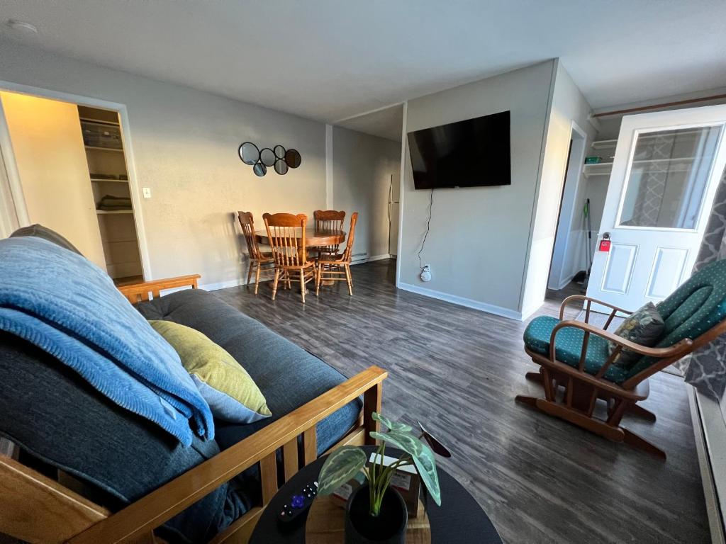 un soggiorno con divano, TV e tavolo di Burrel Avenue Apartments a Cooperstown
