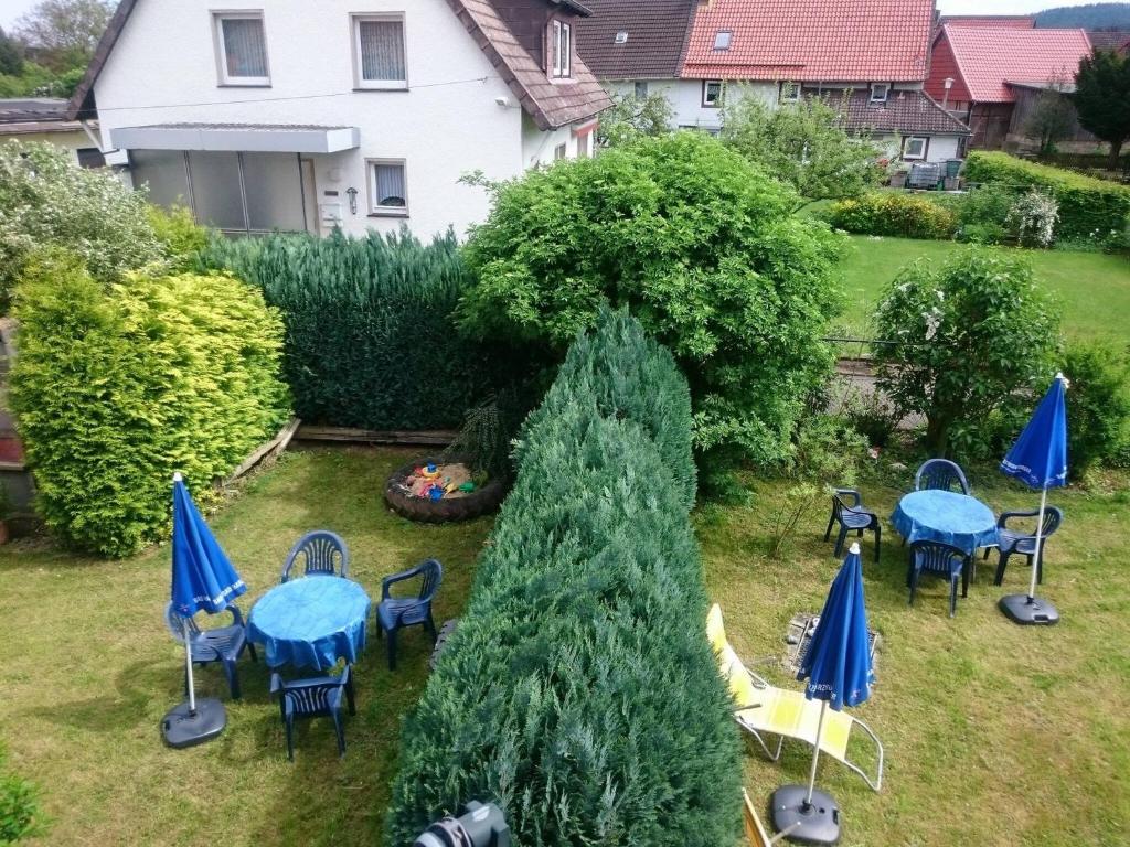 einen Garten mit blauen Tischen und Stühlen und einem Weihnachtsbaum in der Unterkunft Apartment 4 Langelsheim Harz in Langelsheim