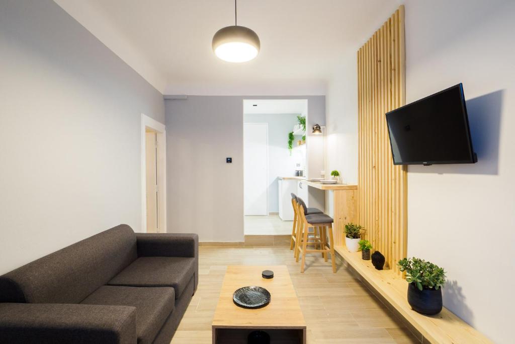 Televízia a/alebo spoločenská miestnosť v ubytovaní Athenian central Studio with Garden!