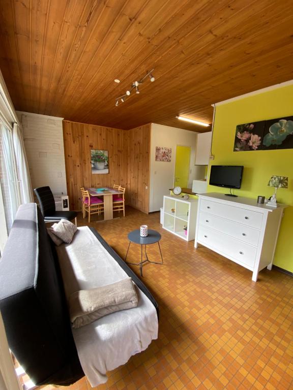 ein Wohnzimmer mit einem Sofa und einem Tisch in der Unterkunft Chelonia Mydas in Hastière-par-delà