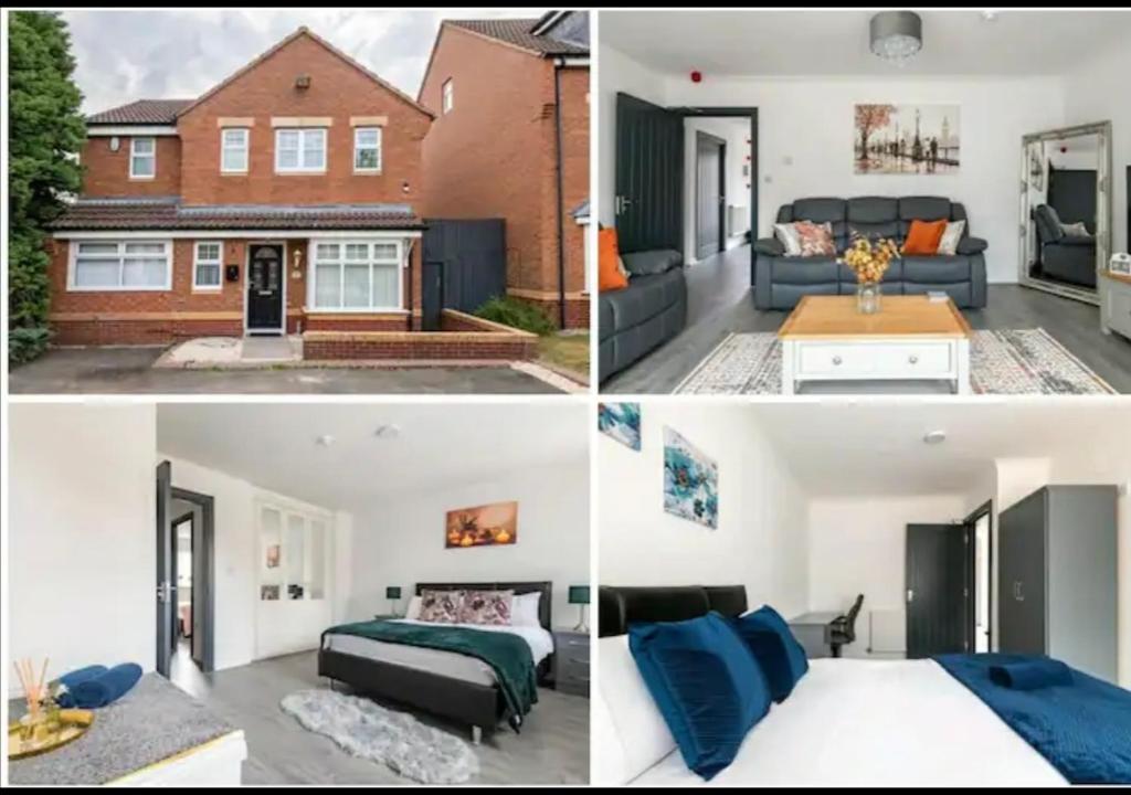 eine Collage mit Fotos eines Hauses in der Unterkunft Marston 5 Bedroom Home With Parking Near NEC & BHX in Marston Green