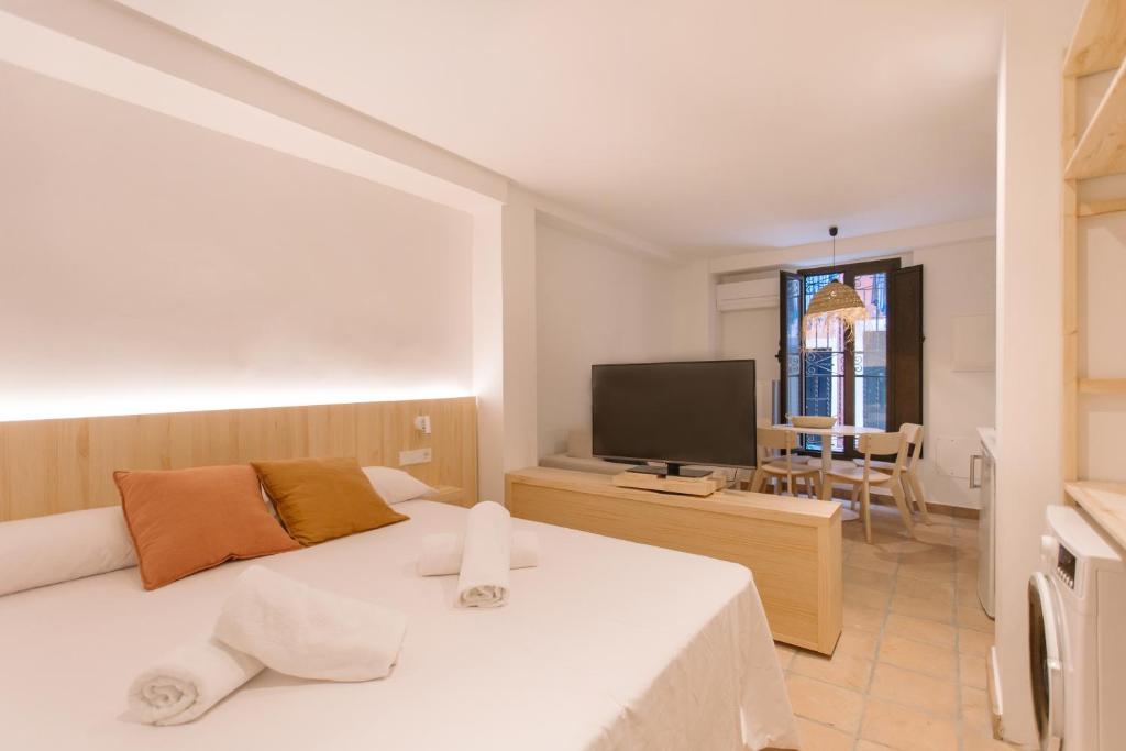 比利亞霍約薩的住宿－La Vila Hort by Seaward Suites，一间卧室配有一张床,并在一间客房内配有电视。