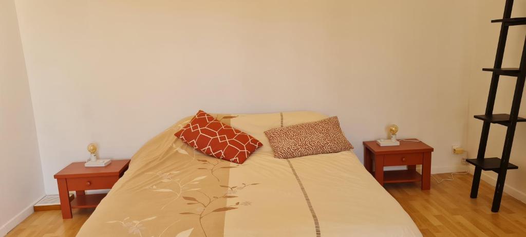 ein Sofa mit Kissen darauf im Wohnzimmer in der Unterkunft Grande Maison dans le Bourg de Nevez + jardin in Névez