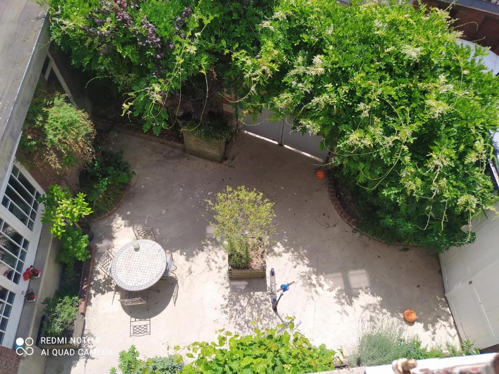 an overhead view of a patio with a table and trees at Maison de maître, un coin de verdure en hyper centre in Lisieux