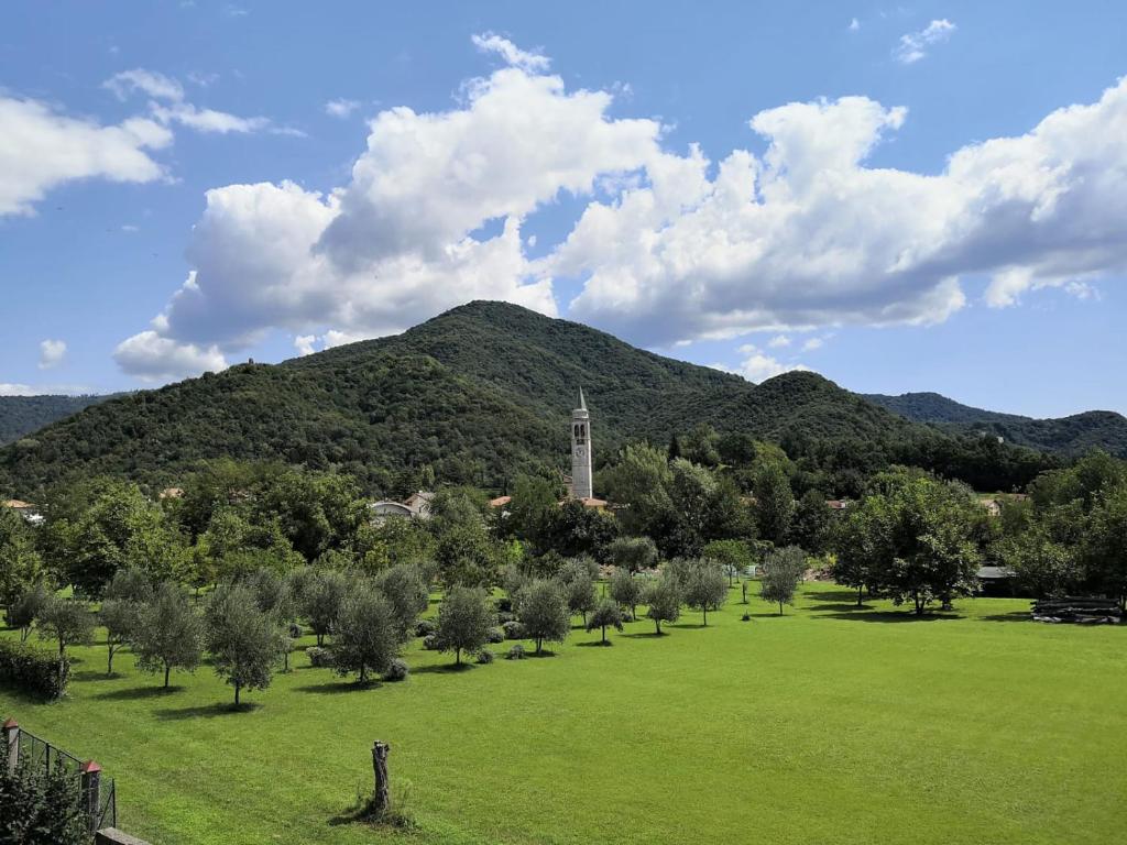a field with trees and a mountain in the background at Casa panoramica in Attimis
