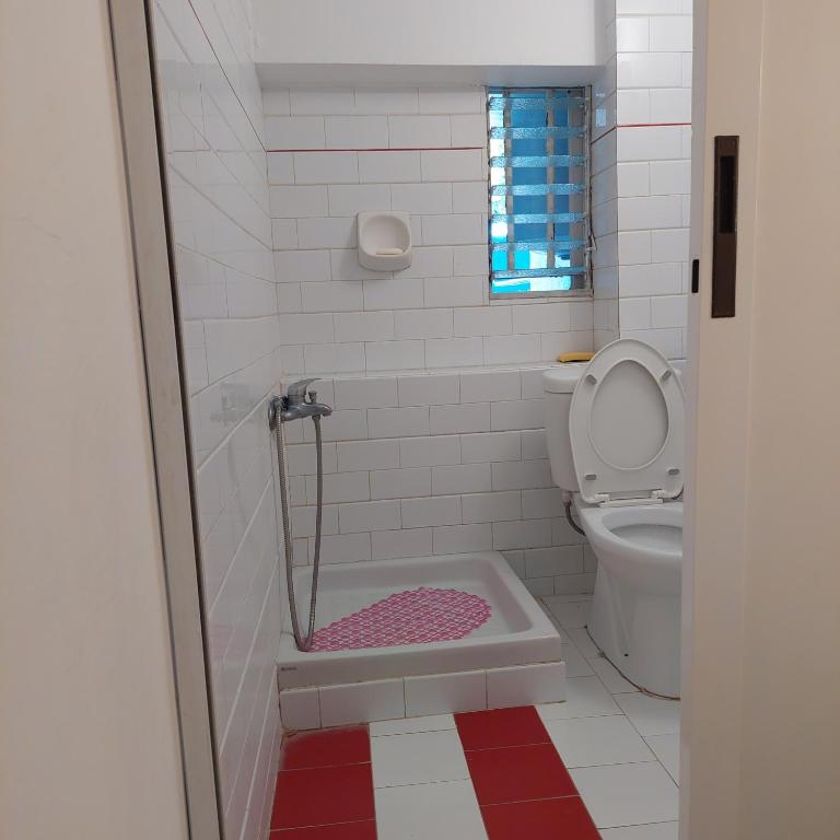 a bathroom with a shower and a toilet at Γκρι βιλλα 2 in Periyiálion