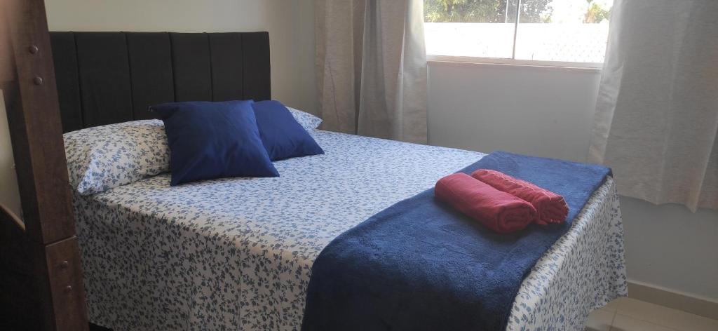 a bed with two pillows on top of it at Casa Duplex Esperança - Ar e Garagem Privativa in Bom Jesus da Lapa
