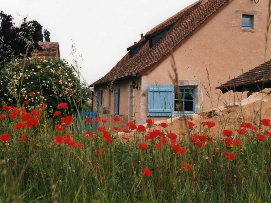 un campo de flores rojas delante de una casa en Gîte Asnières-sur-Vègre, 3 pièces, 5 personnes - FR-1-410-162, en Asnières-sur-Vègre