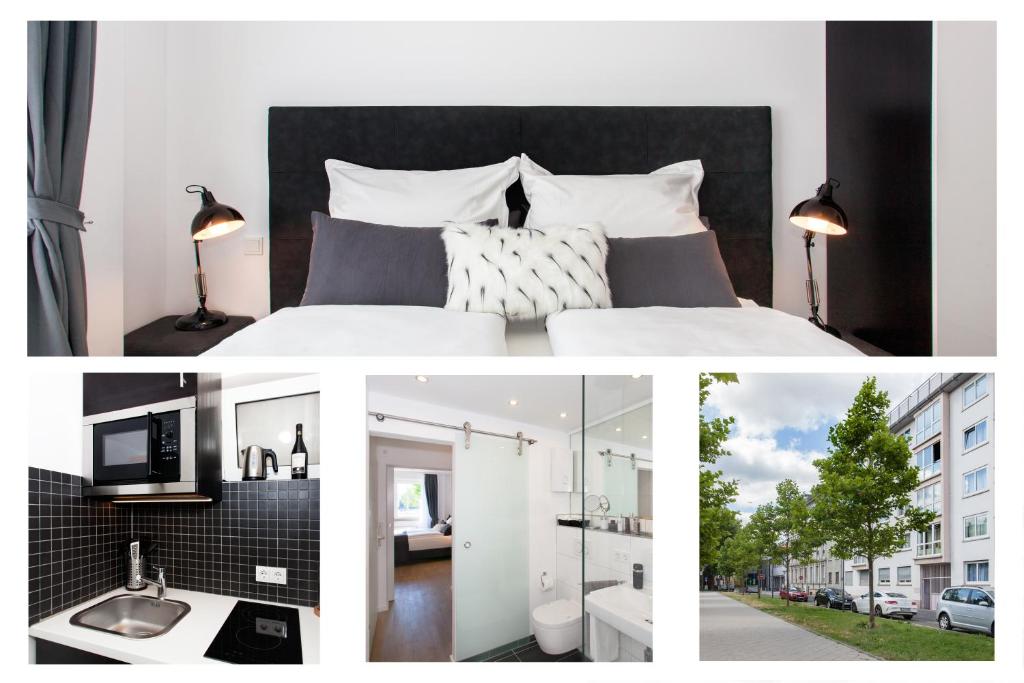 un collage de fotos de un dormitorio con cama en Main Apartment Frankfurt Offenbach, en Offenbach