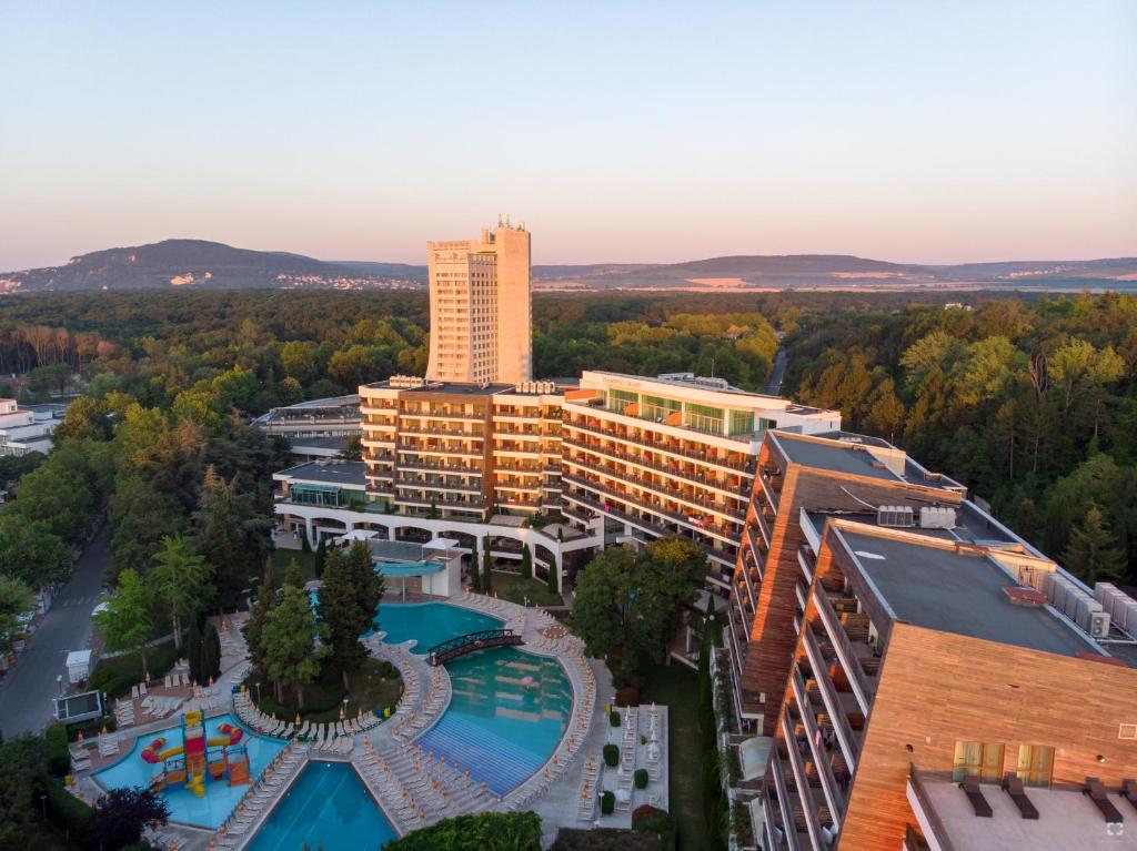 an aerial view of a hotel with a swimming pool at Flamingo Grand Hotel & Spa in Albena