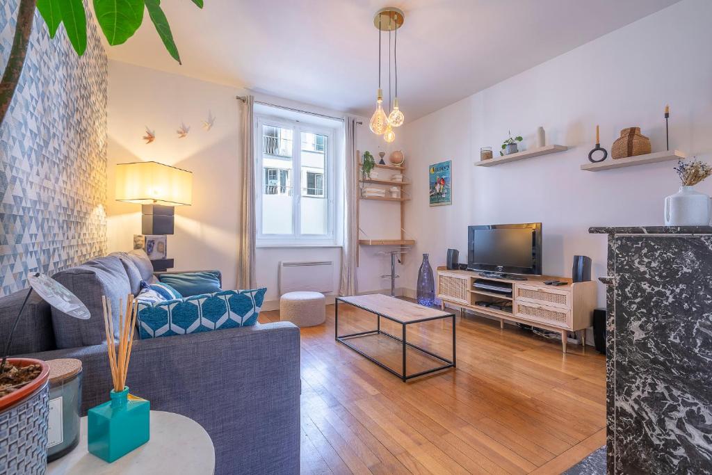 sala de estar con sofá y TV en Apt 2-4 pers, charme de l'ancien, calme, vélos, Annecy centre en Annecy