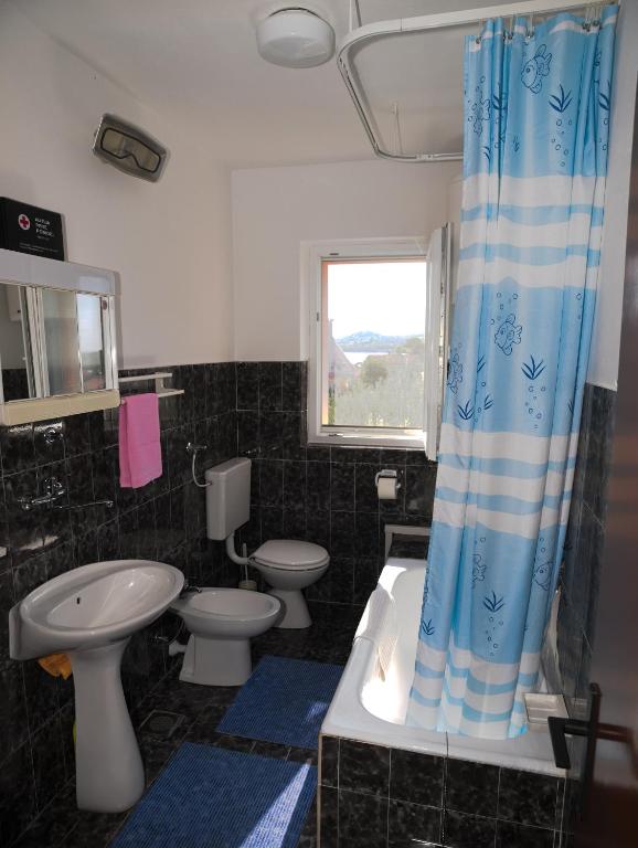 a bathroom with two toilets and a blue shower curtain at Apartments with a parking space Betina, Murter - 17478 in Betina