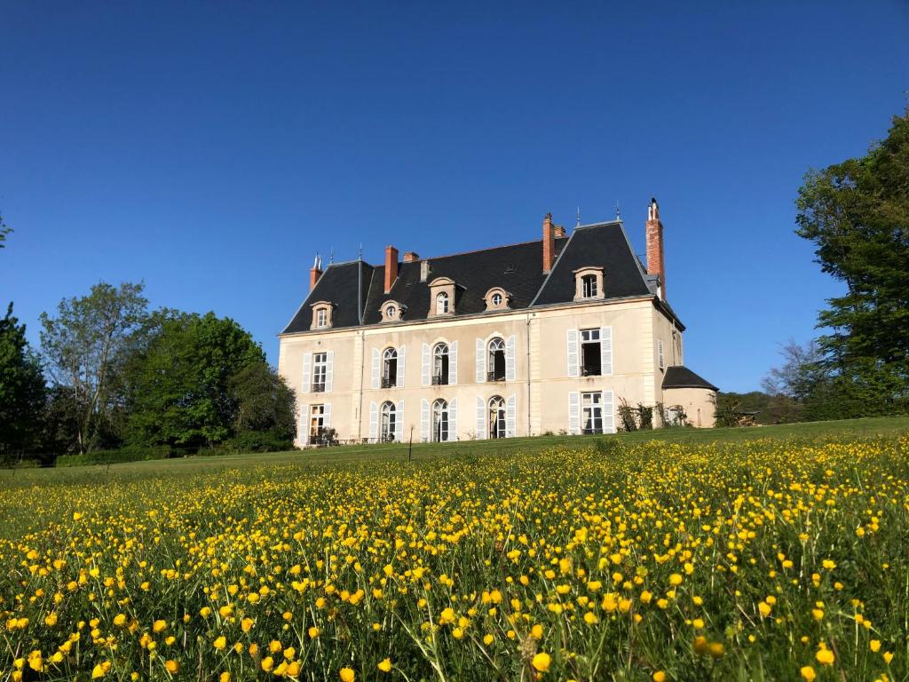 ein großes Haus auf einem Hügel mit einem Blumenfeld in der Unterkunft Château de Vaux 